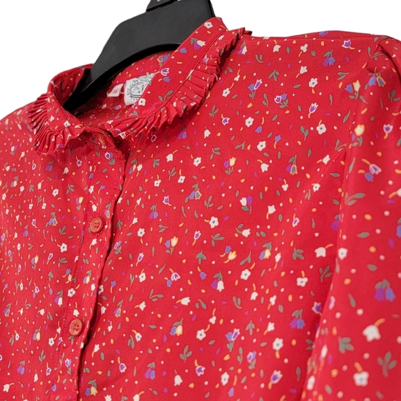 The Villager VTG Red Mini Floral Print Button Down Long Sleeve Women's Size 16 - Picture 3 of 12